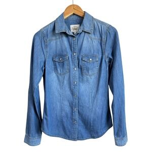 Western Denim Shirt Light Wash Pearl Snap Button Down Cowgirl Y2K Small YMI